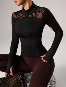 Dewbera Dewbera Women's Geometric Mesh Patchwork Long Sleeve Sports Jacket - Black - View 7