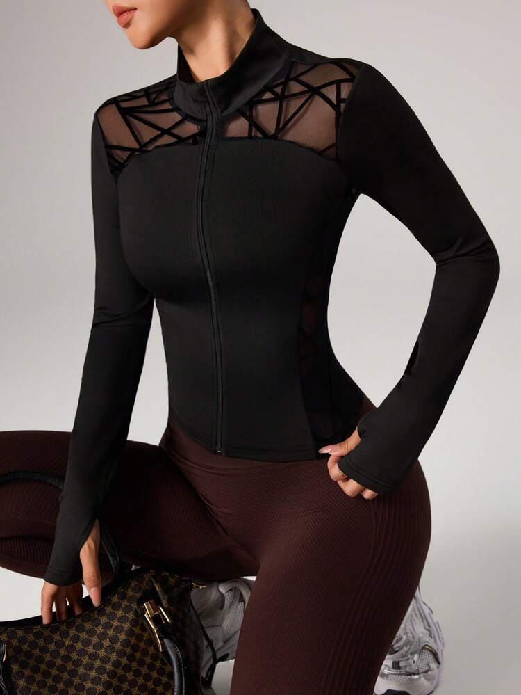 Dewbera Women's Geometric Mesh Patchwork Long Sleeve Sports Jacket - Black - View 7