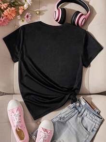 Tween Girl Black Round Neck Short Sleeve Graphic Tee, Young Girl Casual Comfortable Fashion Versatile Leopard Print Bow Design Short Sleeve Graphic Tee, Suitable For Daily Wear, School, Outdoor Activities - Black - View 3
