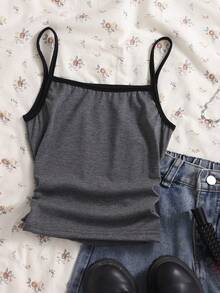 SHEIN 女童印花撞色吊带休闲背心，适合外出、度假和日常穿着 - 深灰色 - 查看 2