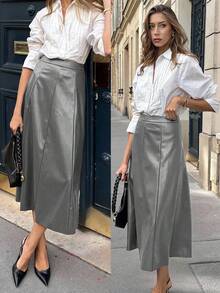 Pariaura 女士灰色PU皮革拉链A字裙，适合万圣节派对、婚礼宾客等场合，优雅百搭，冬季外出穿着，适合秋冬季节、圣诞节等各种场合，时尚别致，休闲百搭，棕色系，适合圣诞节、万圣节等各种场合。 - 灰色 - 查看 5