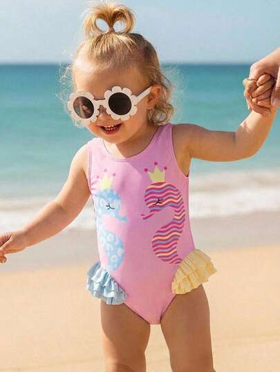 SHEIN Cute Baby Girl Casual, Simple, And Adorable Patterned Tank Top Swimsuit Is Perfect For Outings, Vacations, And Spring/Summer.