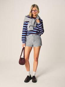 MISSGUIDED Ribbed Knit Striped Shoulder Pad Jumper Long Sleeve Crew Neck Pullover Sweater Fall Winter Casual - Multicolor - View 3