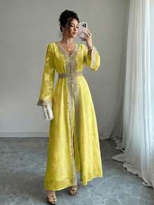 Rafferiza 女士V领长袖金色蕾丝拼接长裙 - 黃色 - 查看 6