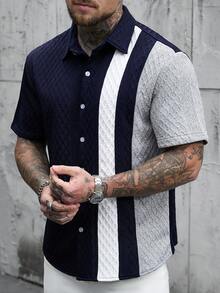 Manfinity Homme 男士条纹单排扣休闲/商务短袖衬衫 - 彩色 - 查看 4