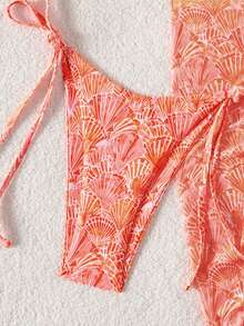 Swim Mod 3件套夏季沙滩度假印花纹理面料金色花朵装饰吊带上衣、侧系带泳裤和纯色网纱裙沙滩度假比基尼套装两件套沙滩装粉色和橙色比基尼粉色珊瑚比基尼性感沙滩度假套装假日两件套女士度假套装女士度假套装女士沙滩装比基尼套装带罩衫女士两件套女士沙滩装 - 彩色 - 查看 6