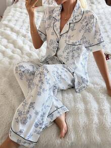 CottageSlumber Bộ đồ ngủ tay ngắn cài cúc phía trước, cổ ve áo, họa tiết hoa phối màu tương phản dành cho nữ. - Nhiều màu - Xem 4