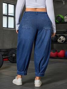 Flexra 大码女式口袋纽扣休闲牛仔哈伦裤，百搭街头风 - 深色水洗藍 - 查看 2