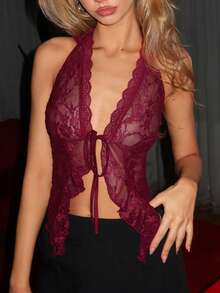 EgrlEra 女士时尚深V领性感蕾丝吊带背心 - 酒紅色 - 查看 1