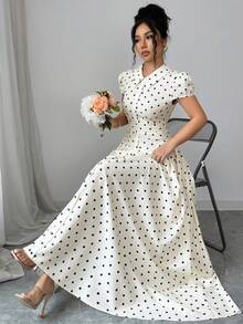 Elenzga 女士梭织波点印花面料翻领纽扣前襟褶裥肩部灯笼袖腰部褶裥A字优雅复古时尚商务休闲度假黑白波点长裙，春夏款 - 彩色 - 查看 4