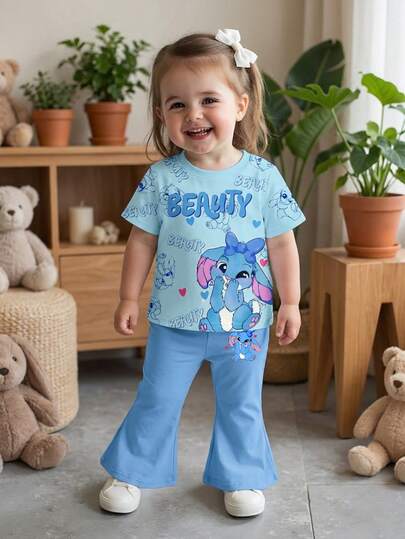 SHEIN 2件套婴幼儿男女通用可爱卡通蓝色兔子图案休闲宽松圆领短袖T恤和喇叭裤套装，夏季舒适，秋季可叠穿，时尚童装