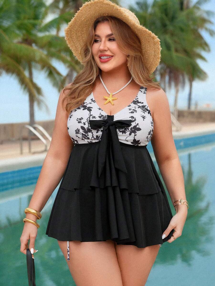 Swim Lushoire Plus Size Contrast Color Patchwork Bow Decor Ruffle Hem Tankini Swimwear - Multicolor - View 1
