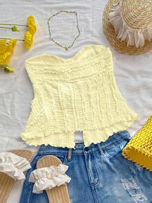 Elamini Lace Trim Drawstring Splice Strapless Camisole Top For Women - Pale Yellow - View 2