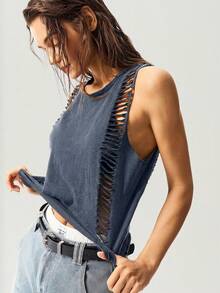 Bohemela Solid Color Knit Cropped Washed Women Tank Top,Summer Top - Navy Blue - View 4