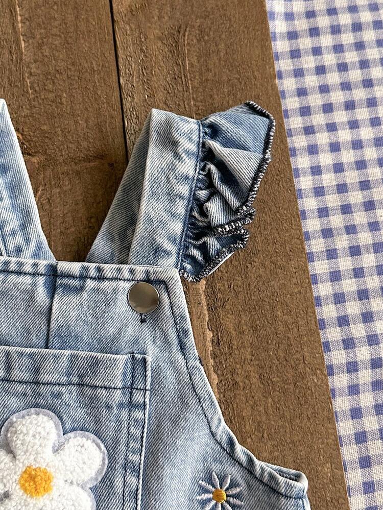 SHEIN Vintaside Kids 1 pieza Mono vaquero casual y lindo con bordado floral y tirantes para bebé niña, adecuado para salidas y fiestas - Azul - Añade 7