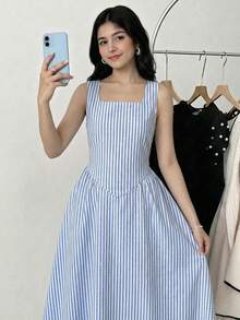 少女度假风方领无袖蓝白条纹优雅中长连衣裙 - 藍色 - 查看 5