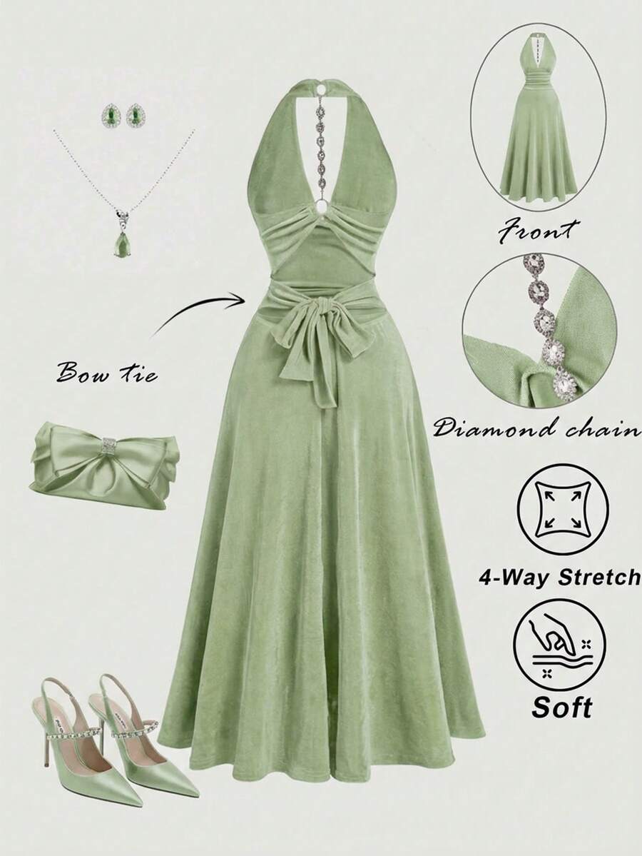SHEIN MOD 女士纯色露背深V领金属环和水钻蝴蝶结镂空露背优雅性感中长连衣裙 - 淡綠 - 查看 1