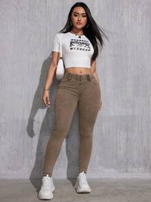 SHEIN LUNE 优雅休闲百搭修身高腰黑色梭织女式牛仔裤，四季皆宜 - 咖啡棕 - 查看 6