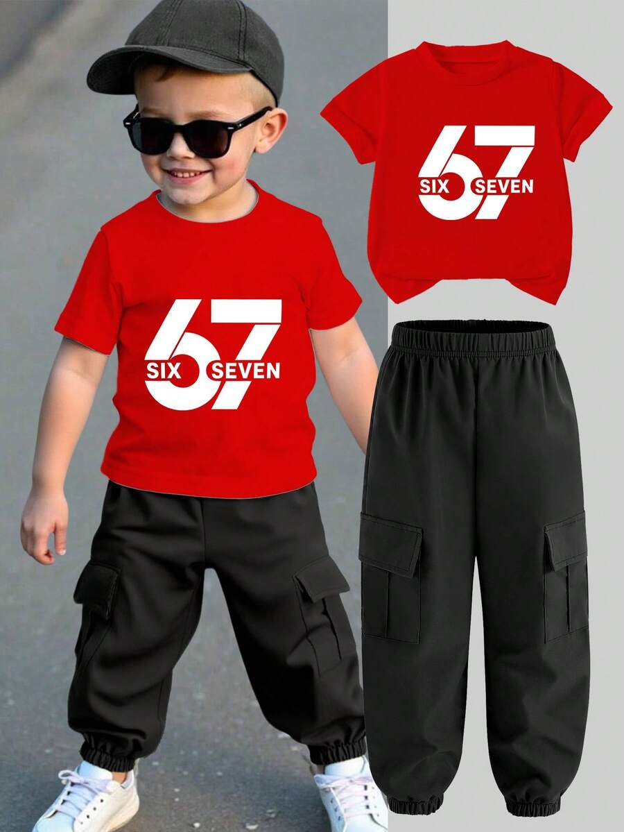 2pcs/Set Boys Printed Top & Drawstring Cargo Shorts Set, Fashionable Casual - Multicolor - View 1