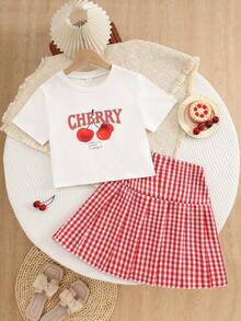 Elladie kids 两件套：少女格子图案梭织半身裙搭配蝴蝶装饰针织T恤，可爱校园/日常穿搭；两件套：女童蝴蝶装饰百褶裙搭配樱桃格子印花短袖短裤，舒适户外/校园穿搭 - 紅色 - 查看 3