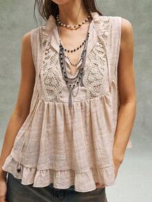 Bohemela Women's Casual Woven Contrast Lace Ruffle Hem Loose Tank Top - Beige - View 6