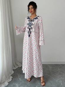 Yasmyna 女士宽松印花长袖阿拉伯连衣裙 - 粉色 - 查看 4