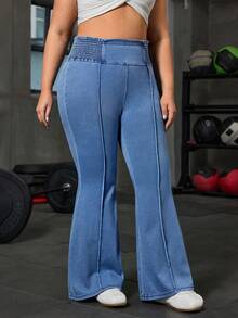 Flexra 大码女式街头休闲运动牛仔喇叭裤 - 淺色水洗藍 - 查看 5