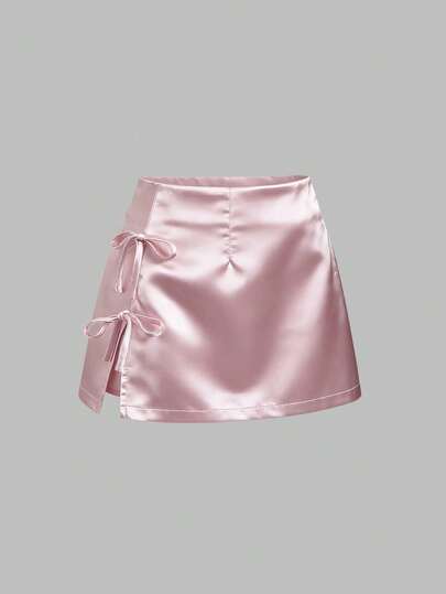 Sweetra Spring/Summer Bowknot Tie Sexy Slit A-Line Satin Women's Pink Mini Skirt, Suitable For Daily Wear