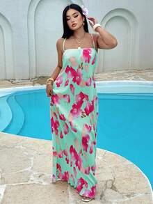SHEIN SunnyBelle Vestido de talla grande con estampado de color contrastante y tirantes cruzados - verde menta - Ver 2