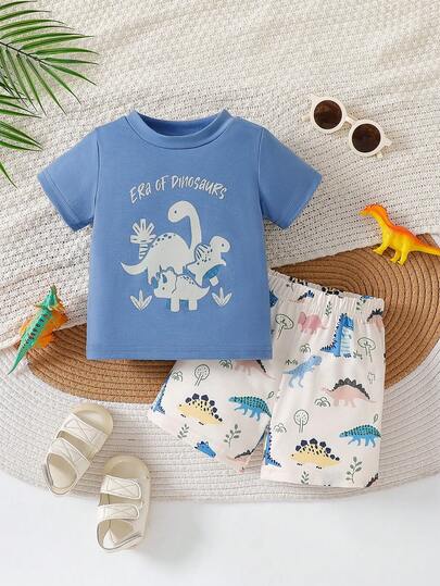 SHEIN Playful Pals Baby Boys Toddler Cute Cartoon Dinosaur Print Short Sleeve Top And Printed Shorts Set, Suitable For Spring/Summer Outdoor Play And Daily Wear