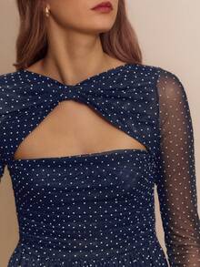 lacRébo 波点印花网纱长袖上衣，荷叶边下摆，复古风晚宴派对秋冬装 - 藍色 - 查看 3