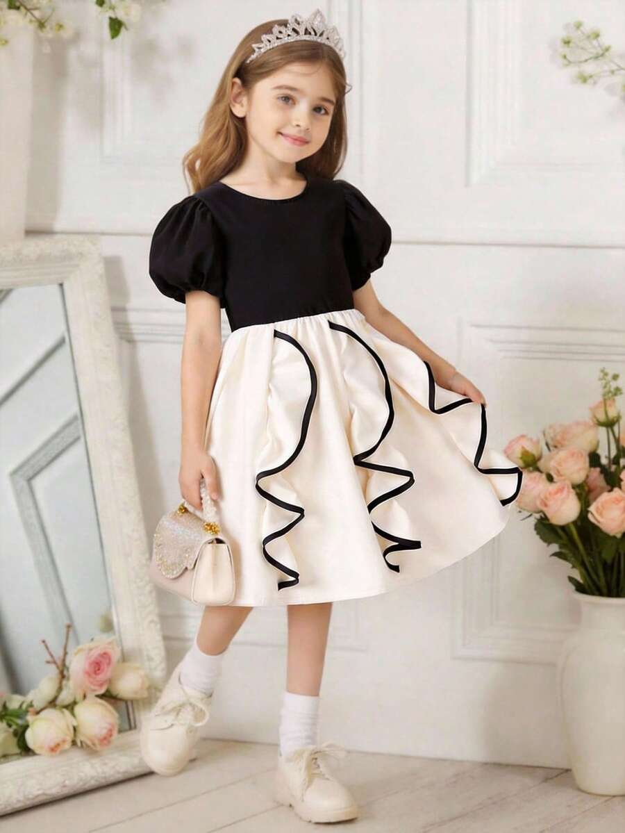 Glamorique Kids 女童荷葉袖圓領拼接洋裝,奶油黑波浪圖案裝飾,可愛節慶生日夏季風,適合派對與聚會 - 黑色 - 查看 1
