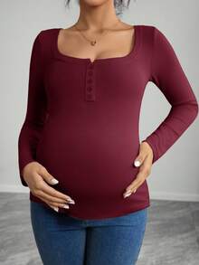 SHEIN Maternity Solid Color Square Neck Long Sleeve Fitted Henley T-Shirt - Burgundy - View 5