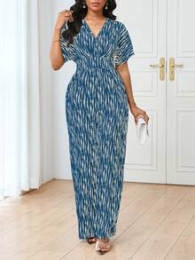 Lyxana V领短袖条纹印花弹力腰修身优雅休闲连体裤（女款） - 彩色 - 查看 3