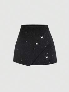 Sweetra Falda de moda brillante con dobladillo asimétrico de unicolor para mujer - Negro - Ver 3