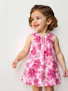 SHEIN Playful Pals 女婴碎花彩色吊带连衣裙，优雅休闲可爱夏季度假装 - 粉色 - 查看 12