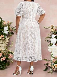 Fleurora Đầm thanh lịch mùa xuân và hè, thích hợp cho công sở, tiệc tùng, tiệc Valentine, tiệc cocktail, hòa nhạc/lễ hội âm nhạc, đầm dệt kim ren trắng cổ tròn tay phồng xòe, tay ngắn, cỡ lớn. - Nhiều màu - Xem 2