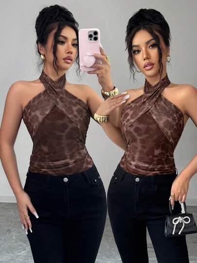 Islaluna Women's Vacation Casual Ruched Leopard Print Halter Top