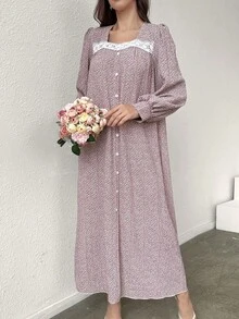 Yasmyna Women's Purple & White Floral Print Lace Trim Long Sleeve Elegant Romantic Arabic Style Dress, Spring/Summer - Red Violet - View 3