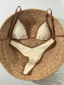 SHEIN Swim Vcay 2026春夏可调节细肩带棕色露背杏色波点侧高衩泳衣，甜美度假比基尼两件套女式泳衣 - 杏色 - 查看 3