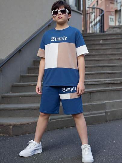 SHEIN Tween Boy Spring/Summer New Arrival, Comfortable Casual Minimalist Y2K Color Block Sporty Streetwear Hip Hop Style, Loose Fit English Letter & Star Print Short Sleeve T-Shirt Set, Suitable For Spring/Summer
