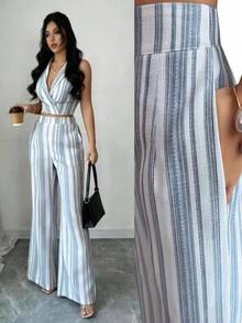 Elenzga New Spring/Summer Textured Linen Blue & White Striped Lapel Sleeveless Top And Casual Flared Dual Pocket Pants Elegant Casual Fashion 2-Piece Set - Multicolor - View 1