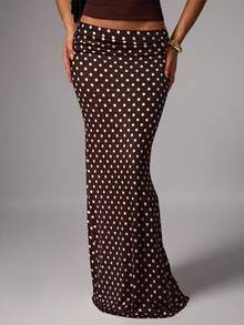 Avenya Knitted Polka Dot Print Fitted Skirt, Fashionable & Versatile For Summer - Mocha Brown - View 5