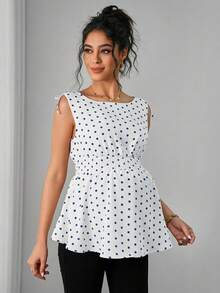 Momance 孕妇夏季休闲度假风波点印花打结肩部收腰背心 - 藍色 - 查看 4