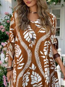 Linhara 女士休闲印花V领系带袖短款连衣裙，舒适百搭，适合通勤、休闲、海滩、日常办公穿着，春夏皆宜。 - 彩色 - 查看 4