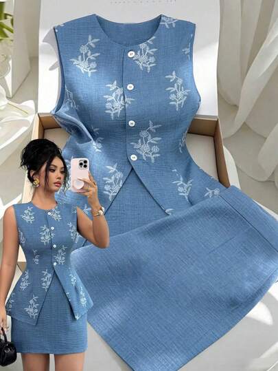 Modelyn Conjunto de 2 piezas de blusa sin mangas con bordado floral elegante y falda lápiz, adecuado para el trabajo, el trayecto y las vacaciones