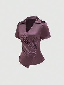 Balvessa Women's Fashion Lapel Waist Button Pleated Asymmetrical Hem Elegant Elegant Casual, Vacation, Outing, Party Shirt, Spring/Summer - Mauve Purple - View 7