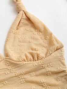 Sweetra Romantic Knitted Lace Twist Tie Layered Ruffle Hem Cropped Dress For Women, Sweet Style, Spring/Summer - Khaki - View 6