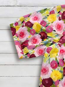 Linhara Large-Sized Woven Casual Vacation Printed Summer Women's Shirt - Pink - View 5