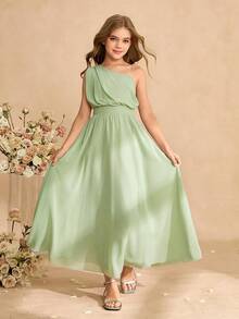 SHEIN Đầm maxi xòe thanh lịch cho bé gái tuổi teen, chất liệu chiffon, dây mảnh, eo thắt và khóa kéo phía sau, thích hợp mặc hàng ngày, dự tiệc, đám cưới, làm phù dâu, mùa xuân/hè. - màu xanh lá - Xem 5